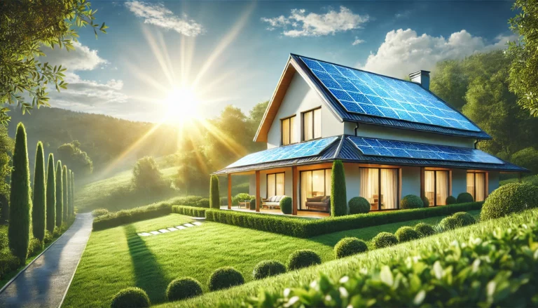 A modern home with rooftop solar panels, showcasing the advantages of solar energy and eco-friendly power solutions.